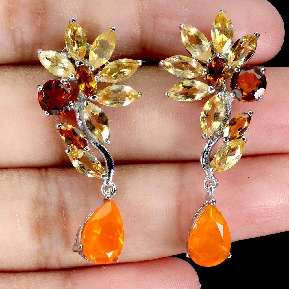 925 Sterling Silver Earrings Pear Orange Opal 9x6mm Citrine Gemstone Jewelry