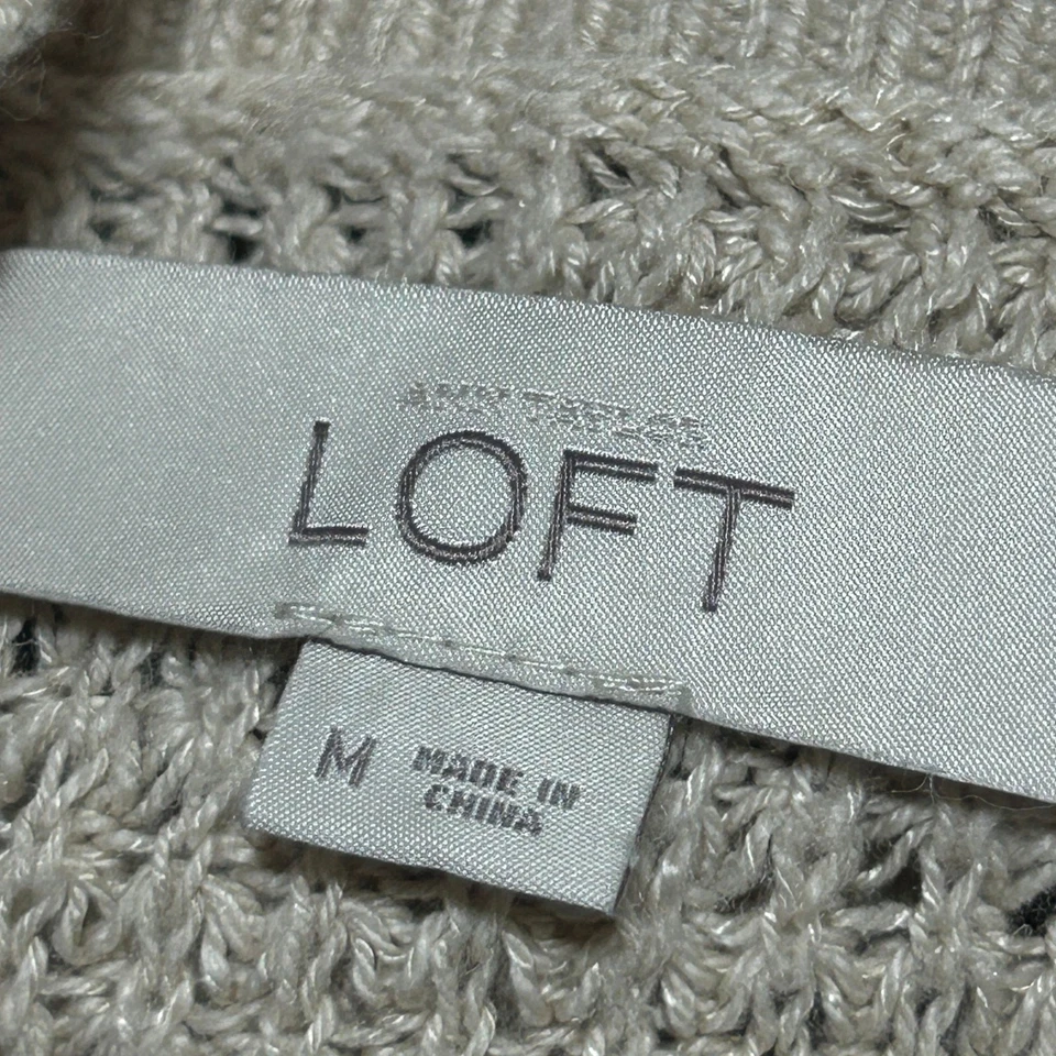 LOFT Sweater Womens M Striped Button Shoulder 3/4Sleeve Linen Blend Beige Knit - Image 2 of 4