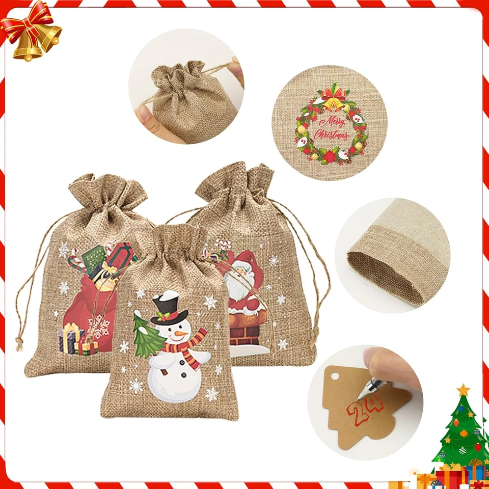 24 Stück Groß Adventskalender Jutesäckchen 13x18CM Weihnachten Jutesäcke - Bild 3 von 4