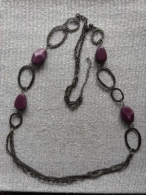 Vintage dark metal tone adjustable chain necklace w purple stone & multi strands