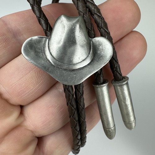 Vintage Silver Pewter Cowboy Hat Western Bolo Tie With Custom Pewter Tips ￼