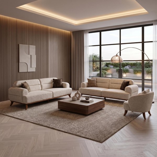 Sofa Set 2X 3-Sitzer 1X Sessel Modern Beige Bequem Skandi Design Edel-image