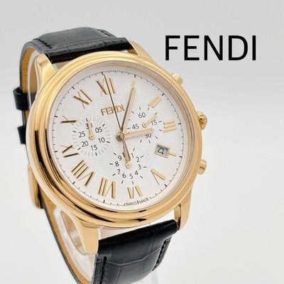 FENDI 25200G Chronograph Classico Men's Watch Gold SS Leather Strap 42mm Case