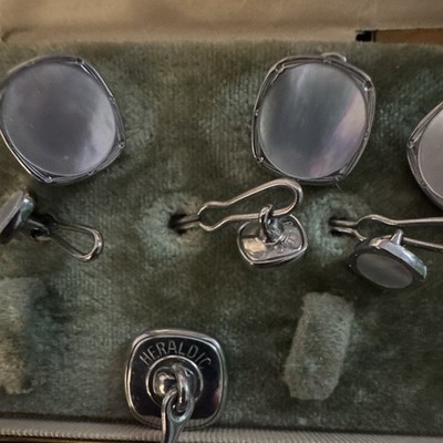 Heraldic Vintage Men's Mother of Pearl Round Silver Cufflinks Set in Case