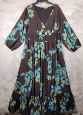 eShakti Dress Womens XL Custom Black Floral Long Sleeve V Neck Lined Ruffle