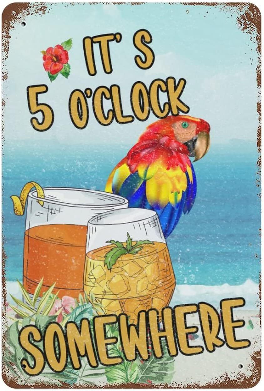 Flowers Palm 12 x 8 Aluminum Sign, It's 5 O'Clock Somewhere Party Parrot Happy H
