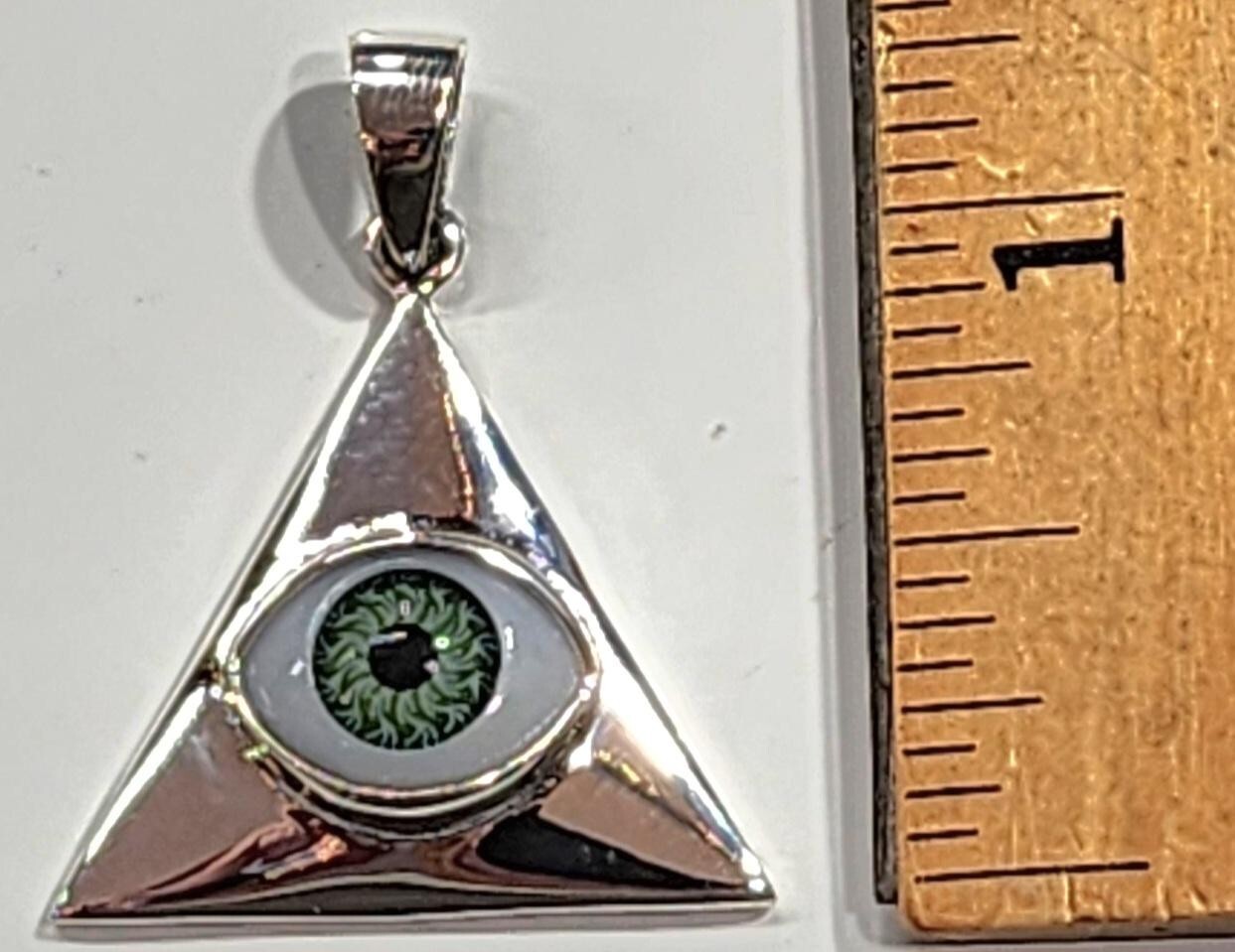 Evil Eye Pendant Triangle 925 Sterling Silver Green Eye # G2
