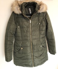 D.e.t.a.i.l.s Womens Quilted Puffer Jacket Coat Fur Hood Green Olive Khaki S
