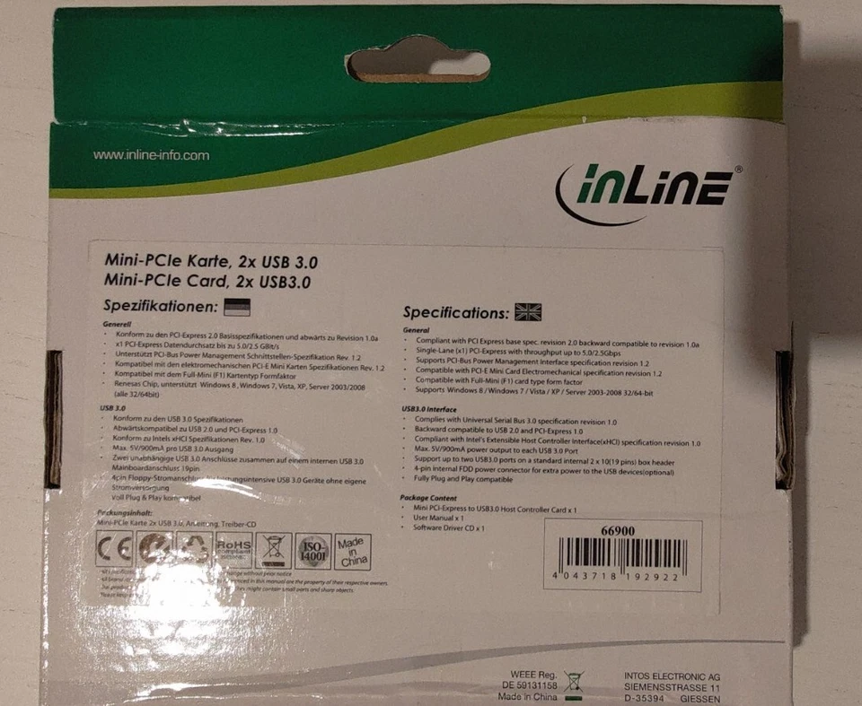 InLine Controller Mini-PCIe USB 3.0 Host 2 Porte Adattatore Interno 66900 - Immagine 2 di 4