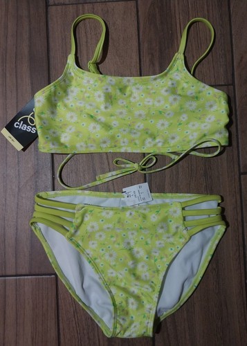 Art Class Girl's Size Large 10/12 Green Floral Bikini Swim Set UPF 50+