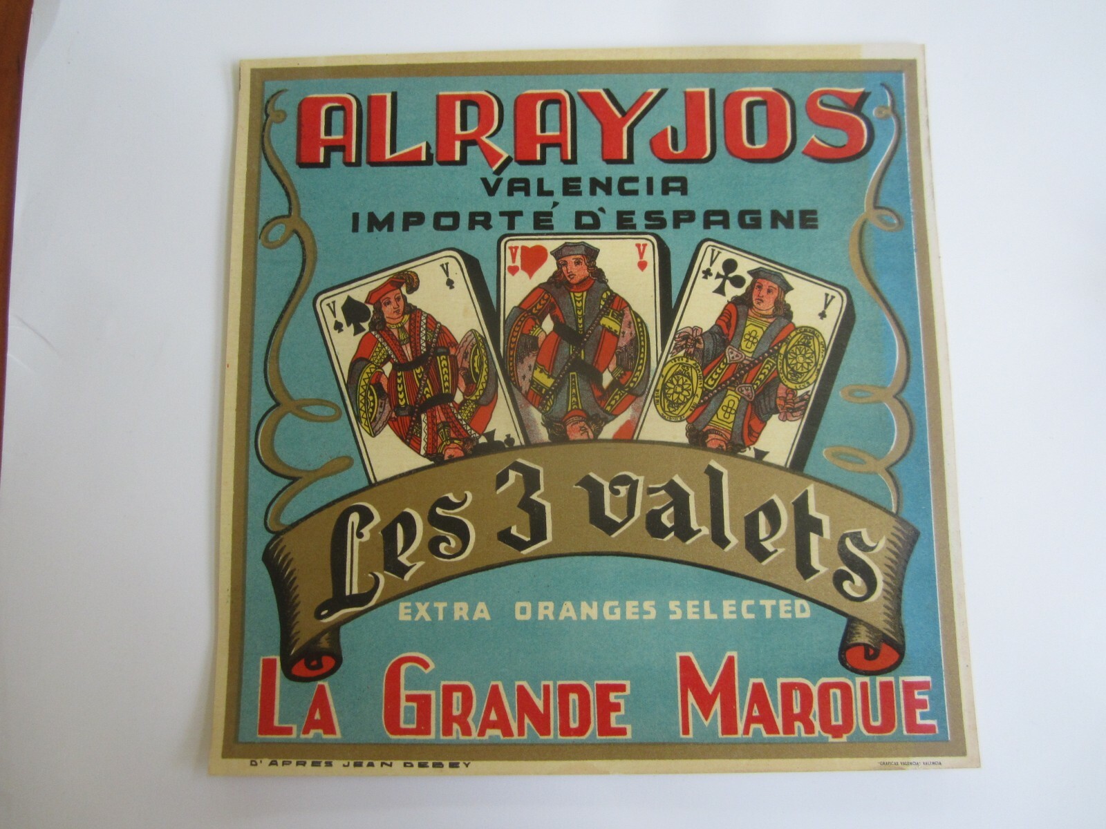 Old Vintage - LES 3 VALETS - Spanish Orange Crate LABEL - JACK - PLAYING CARDS
