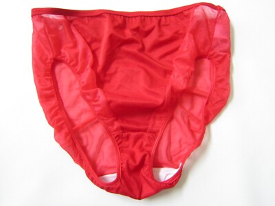 NEW Vintage VANITY FAIR Red SATIN HI LEG CUT BRIEF NYLON SHEER PANTY XL 8 SISSY