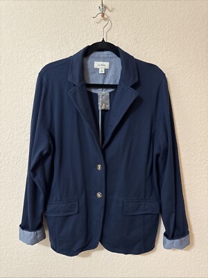 NWOT LL Bean Women Jersey Knit Blazer  Sz XL Classic Navy Blue Cotton Two Button