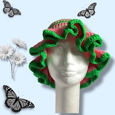 Handmade Crochet Ruffle Bucket Hat   Boho Cottagecore Style, 4 Colors, Lace Trim