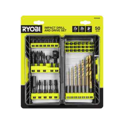 Ryobi 50-teiliges Schlagbohrerset – Mit Dock-It Aufbewahrung, Inkl. Adapter & Schraubenführung