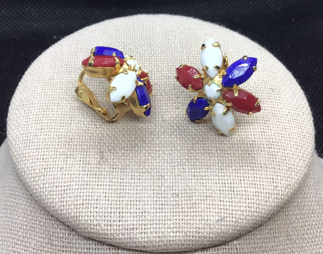 Vintage Costume Red White & Blue Glass Stone Floral Clip Earrings