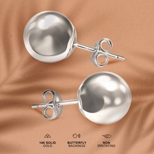 14K White Gold Ball Stud Earrings Butterfly Clasp - Sizes 3,4,5,6,7,8mm
