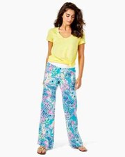 NEW Lilly Pulitzer Beach Mid Rise Linen Palazzo Pants Bali Blue Once Upon XS