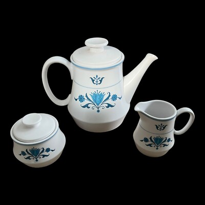 Noritake Blue Haven 9004 Tea Set: Teapot w/ Lid, Creamer, and Sugar Bowl w/ Lid