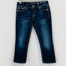 Womens 29 Miss Me Easy Cropped Jeans Mid Rise Dark Wash Embellished 23" Inseam