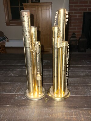 (2) Vintage MCM Brass Triple Tower Coin Sorters w/ Chains, Locks, Caps & (1) Key