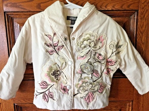KENNETH COLE REACTION Girls Cream Appliqué Floral Roses Cotton JACKET Size 4
