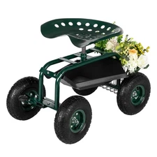 Garden Tool Cart Rolling Scooter w/ 360° Swivel Seat & Basket Outdoor Yard Lawn