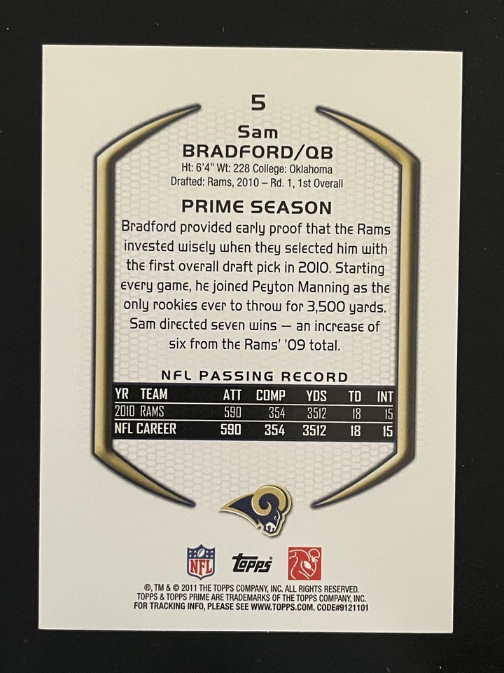 2010 Topps Prime Retail #5 Sam Bradford RC Rookie - Image 2 of 2