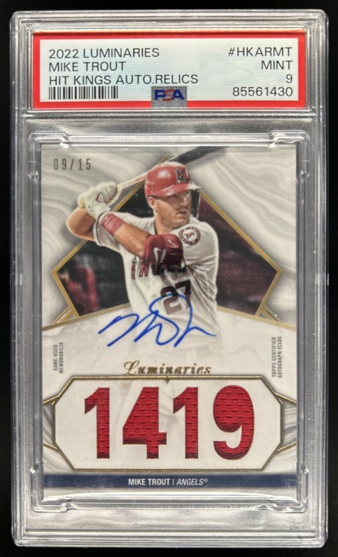 2022 Topps Luminaries Mike Trout Hit Kings Jersey Auto #/15 Angels PSA 9