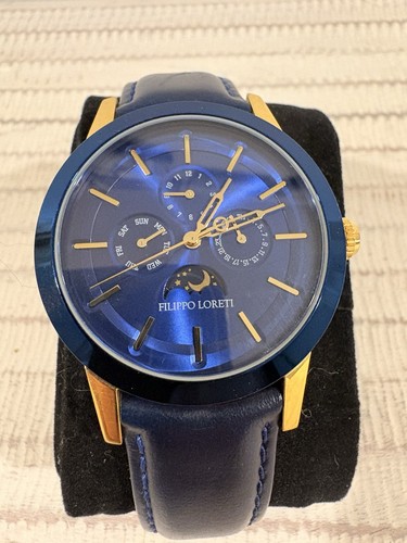 Filippo Loreti Venice  Gold Moon Phase Watch with Blue Leather Band (LE)