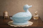 VTG French Blue Milk Glass Duck Covered Dish Pottieux-Valleysthal Trinket Box