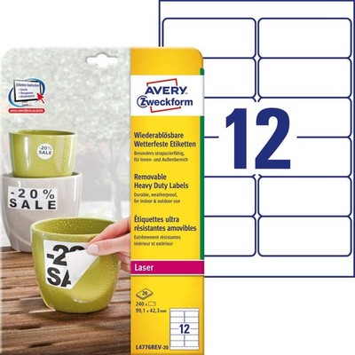 AVERY Zweckform L4776REV-20 Weatherproof Film Labels (240 Stickers, 99.1 x 42.3