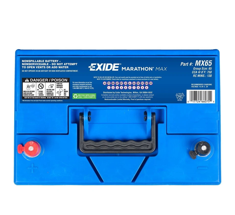EXIDE MX65 Marathon Max AGM Coche Camión SUV Batería Grupo BCI: 65, CCA 750, RC 130 Foto 2 de 2