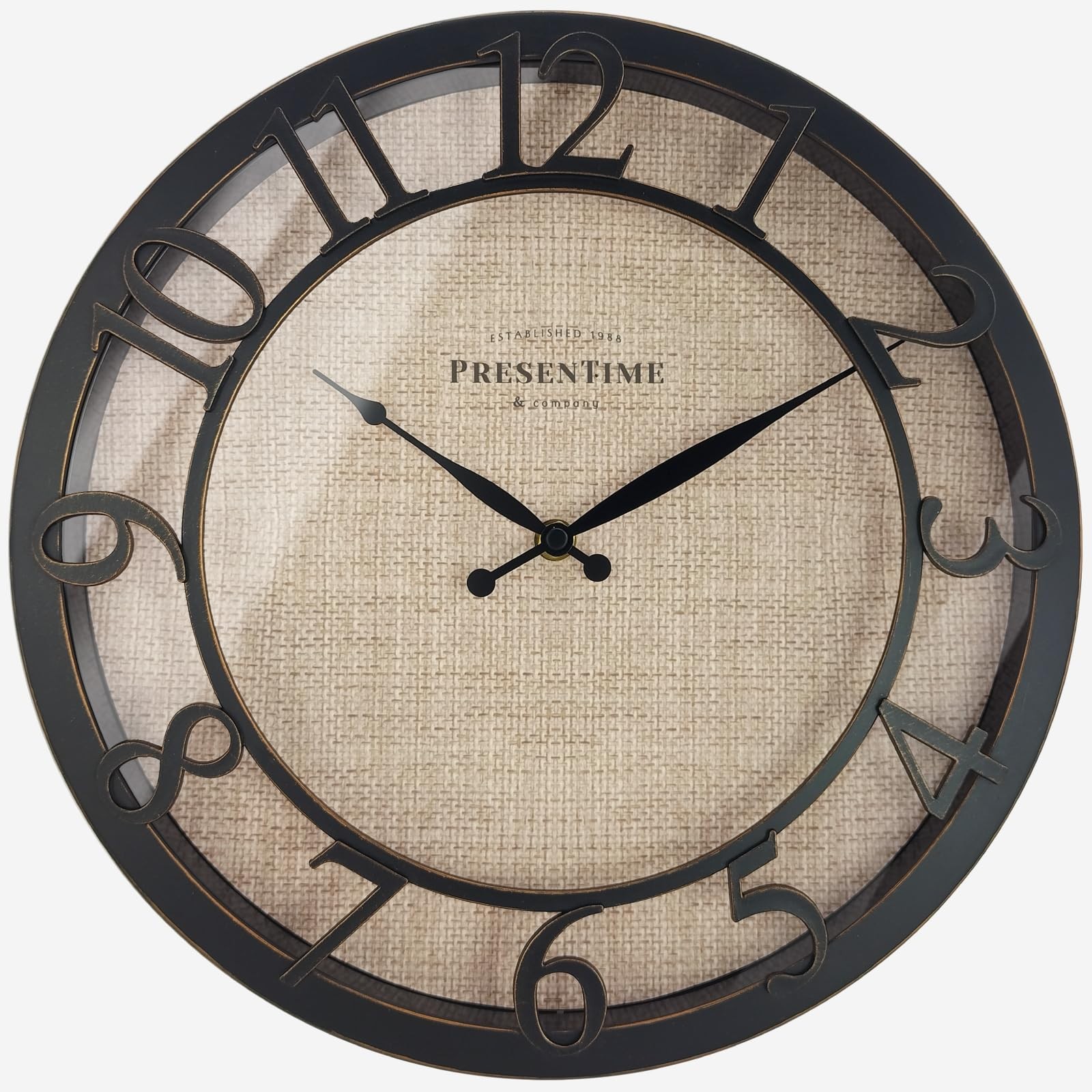 & Co 13" Farmhouse Series Wall Clock, Cottage Style, Faux Burlap Design, Sile...