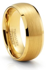 Men's Black Tungsten Ring Wedding Band Goldtone Dome Brushed Center 8MM