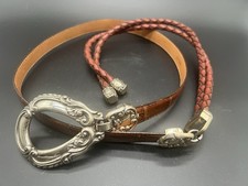 Vintage Brighton 90s Braided Western Brown Leather Lariat Belt Pewtertone
