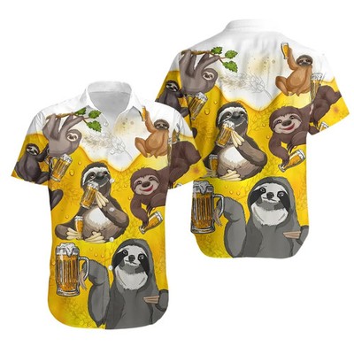 Funny Sloth Drinking Beer Graphic Hawaiian Shirt Yellow Summer Party Aloha Top