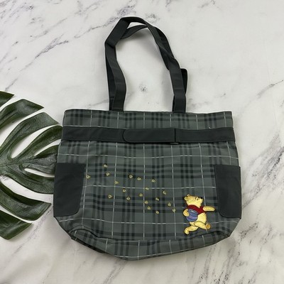Disney Vintage Y2k Winnie the Pooh Tote Bag Purse Gray Plaid Embroidered Nylon