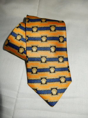 NWOT Gianni Versace Necktie Multicolor Blue Yellow  Gold Medusa Head Silk Italy