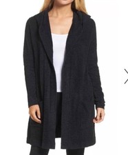 Barefoot Dreams Cozychic Lite Hooded Cardigan L/XL Black Open Front Sweater