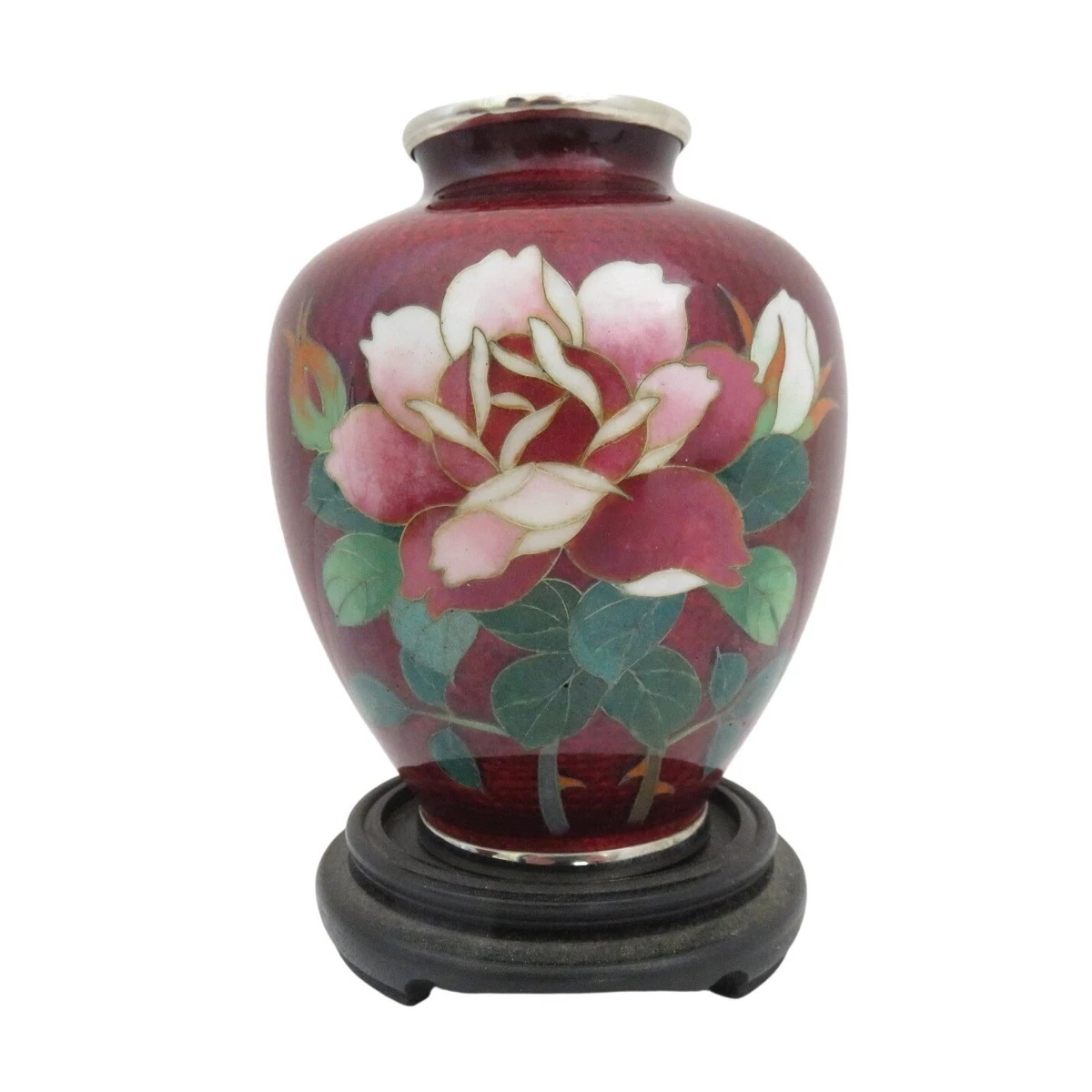 Japanese Sato Ando Ginbari Style Cloisonné Enamel Red Foil Urn Vase For
