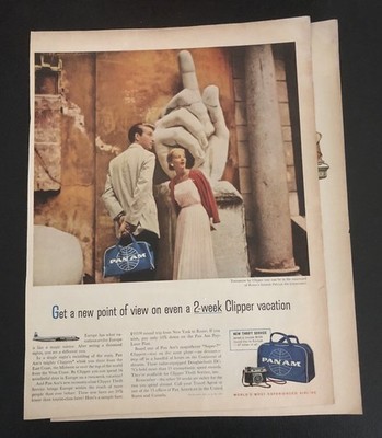 1958 Pan Am / Chevy Wagons / Underwood Typewriters - Vintage 2-page Magazine Ads