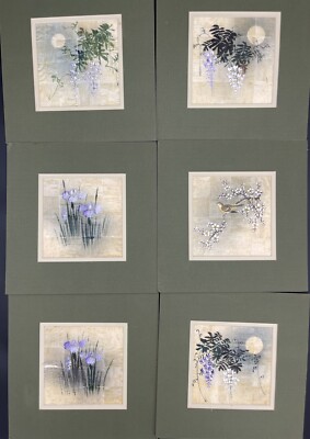 Vintage Asian Flower Paintings on Papyrus Paper 6 Matted 9.5'' x 9.5''