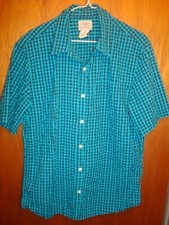 LL Bean Shirt Men M Teal Check Short Sleeve Seersucker Cotton Fishing Outdoors