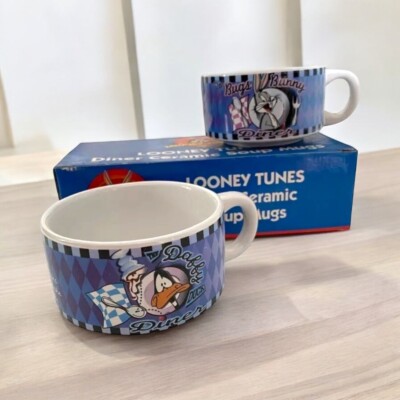 Vtg 98 Looney Tunes Daffy Duck Bugs Bunny Set of 2 Diner Ceramic Soup Mugs Bowls