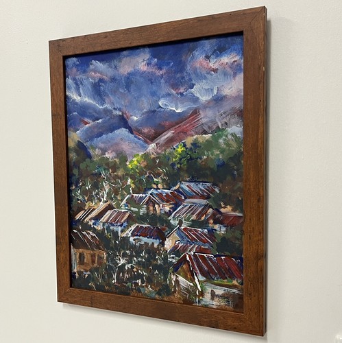 Pintura al óleo original Los techos rojos al atardecer nublado fauvismo paisaje marco - Imagen 3 de 6