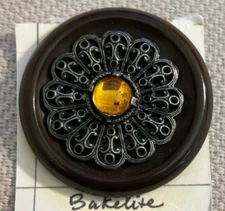 Vintage Large Bakelite Button Prong Set Jewel Center Pierced Metal Detail 1 5/8"