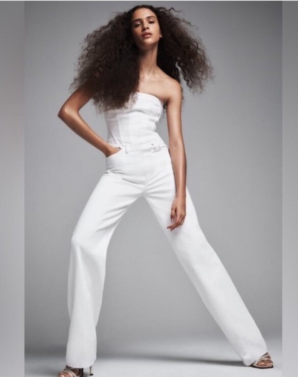 NWT Zara White Denim Strapless Jumpsuit Sz L