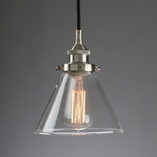 Image of VINTAGE INDUSTRIAL SILVER BRUSHED LAMP FITTING CLEAR GLASS CEILING PENDANT LIGHT