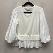 English Factory Mixed Media Balloon Sleeve Crew Neck Ribbed Tiered Blouse L